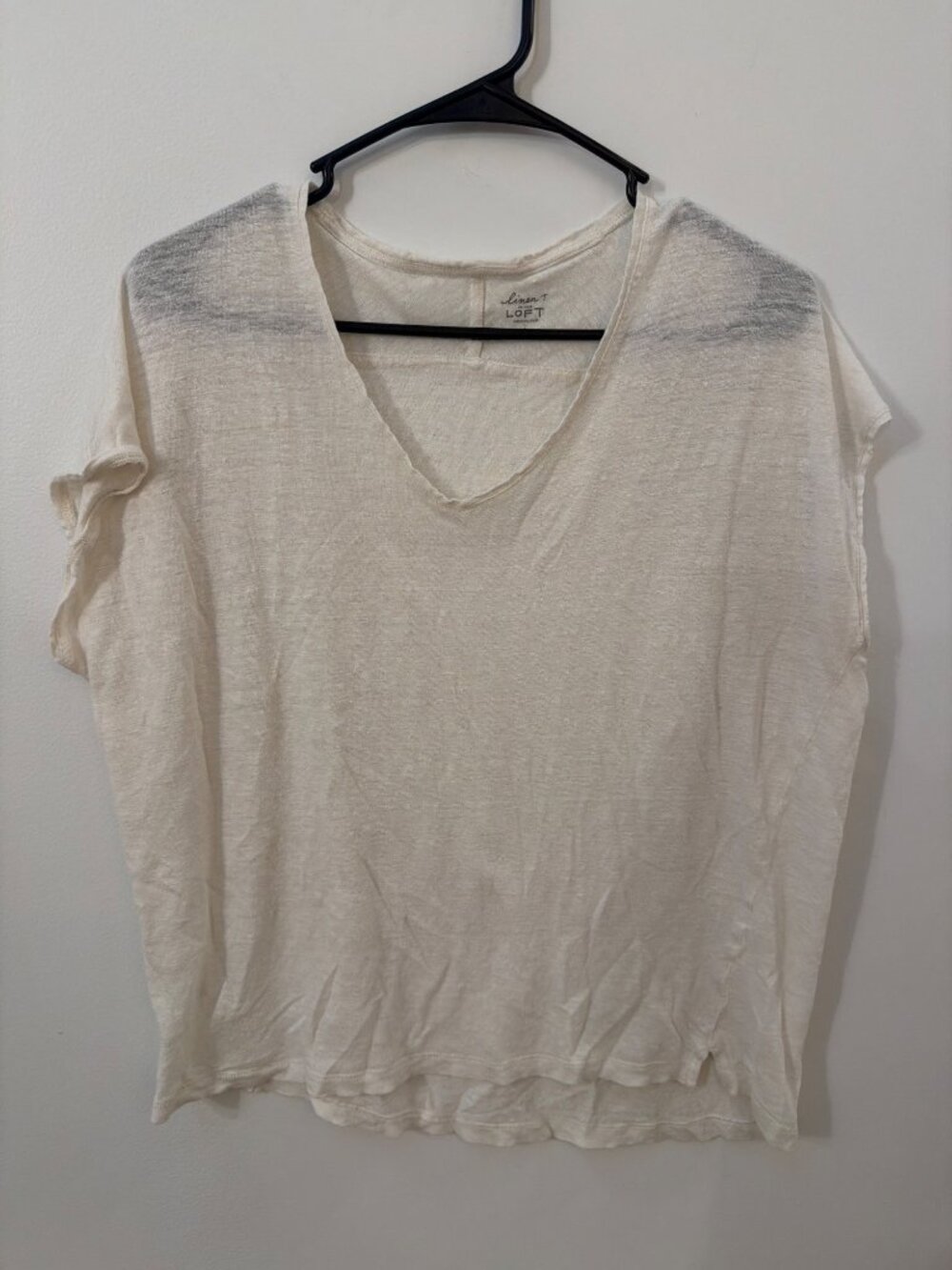 Ann Taylor Loft Womens L Linen T-Shirt V-Neck Lightweight Off-White Casual Top